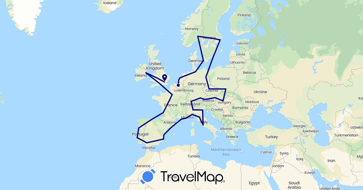 TravelMap itinerary: driving in Austria, Belgium, Switzerland, Czech Republic, Germany, Denmark, Spain, France, United Kingdom, Hungary, Ireland, Italy, Netherlands, Norway, Poland, Portugal, Sweden (Europe)