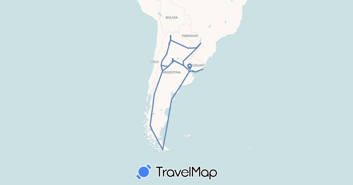 TravelMap itinerary: plane, cycling in Argentina, Uruguay (South America)